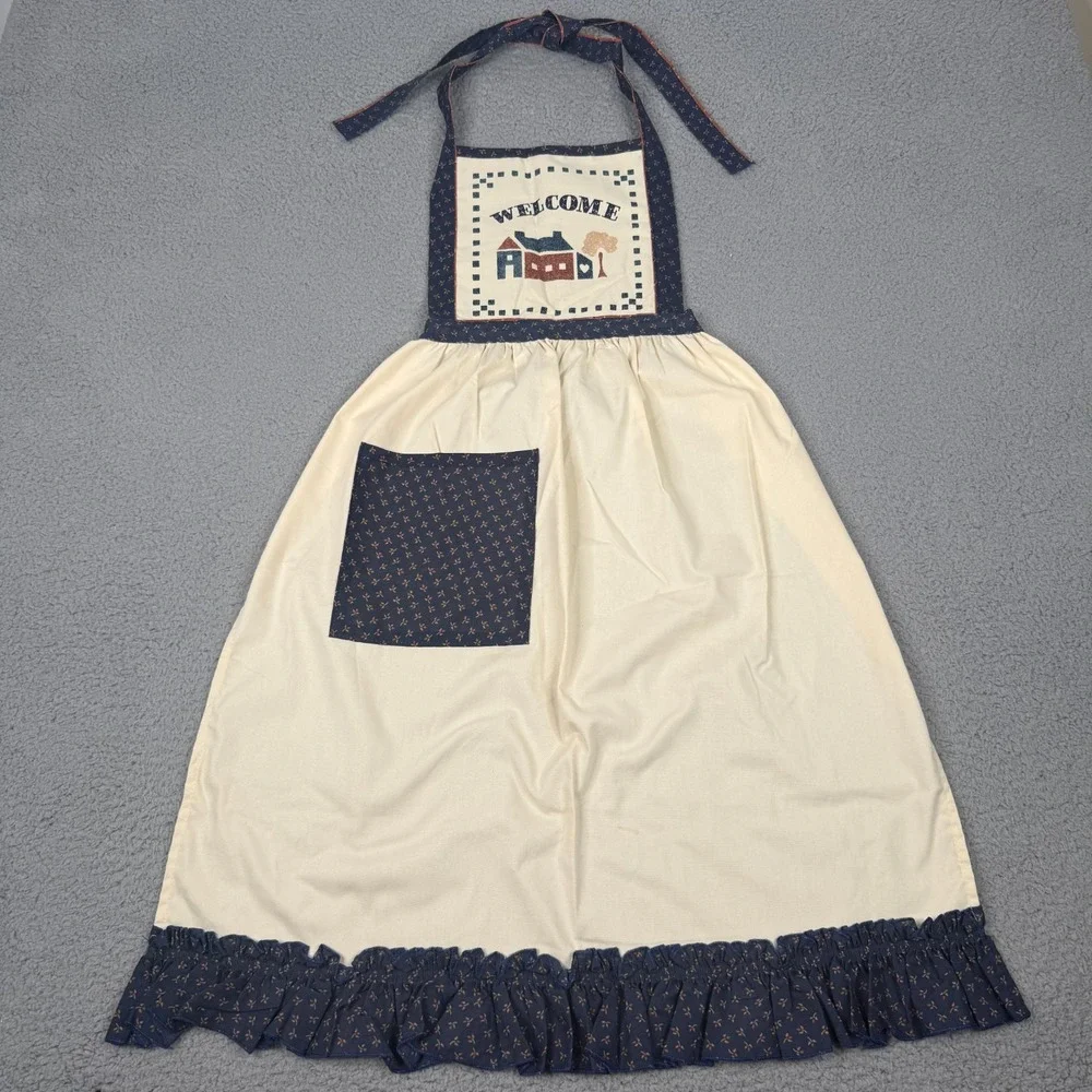 VTG Handmade Full Bib Apron Welcome House Primitive Country Cottagecore Prairie